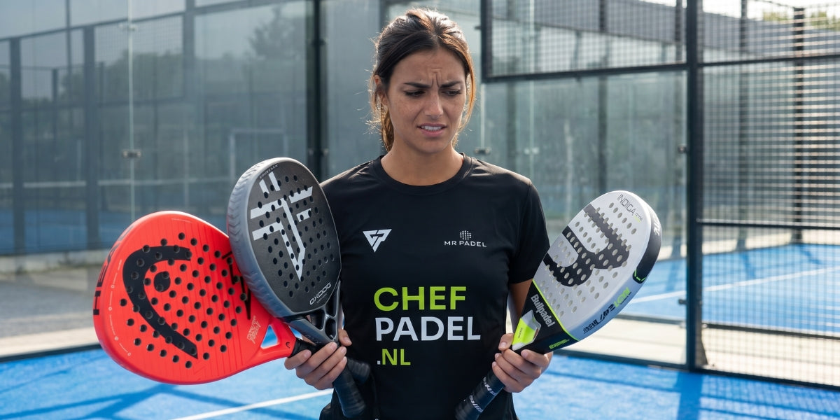 Vrouwelijke padelspeler met chefpadel.nl shirt aan die 3 verschillende padel rackets vast houdt