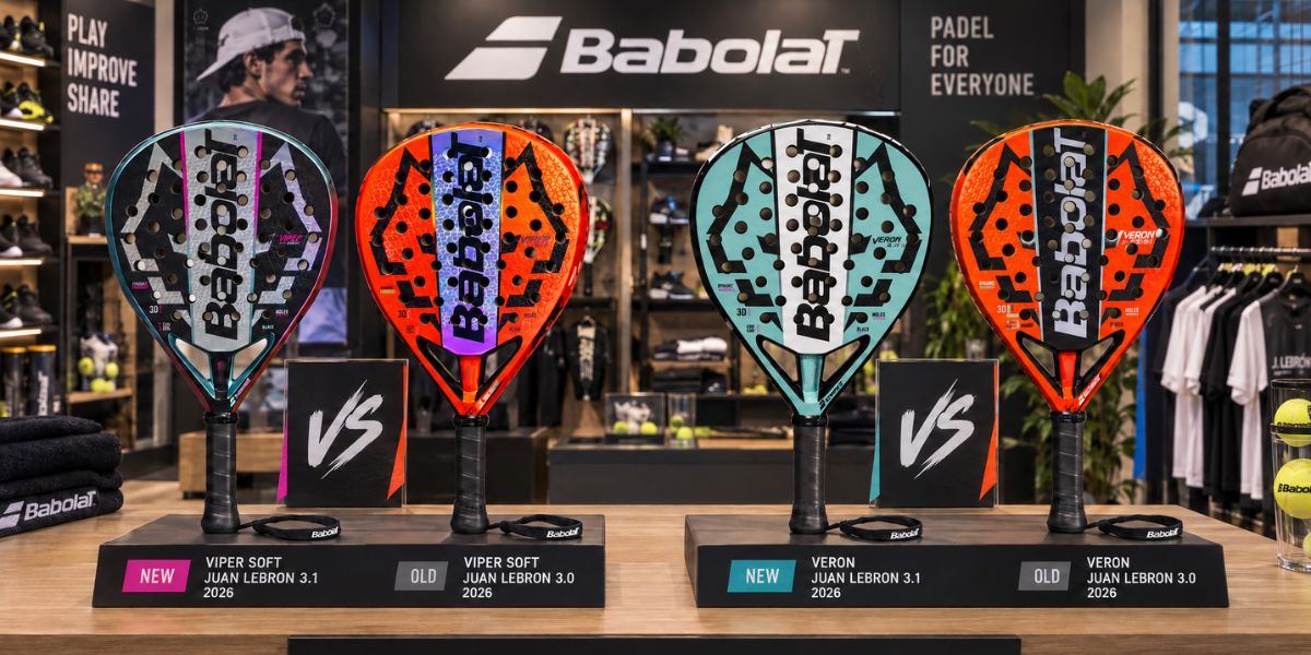 De complete nieuwe Juan Lebron 3.1 Rackets in vergelijking met de oude Juan Lebron Babolat 3.0 rackets in een padelwinkel